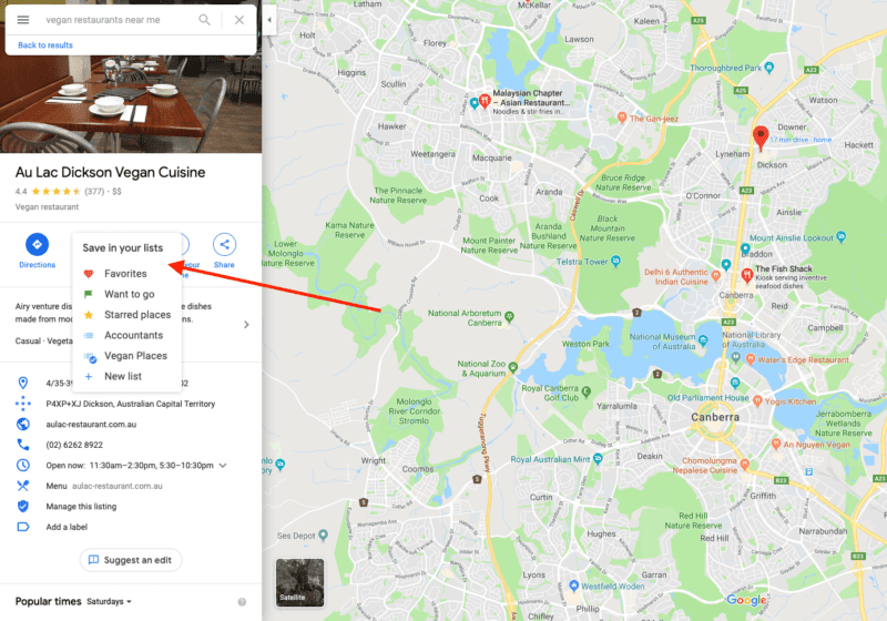 Example of saving vegan eats to your favourites list in Google Maps