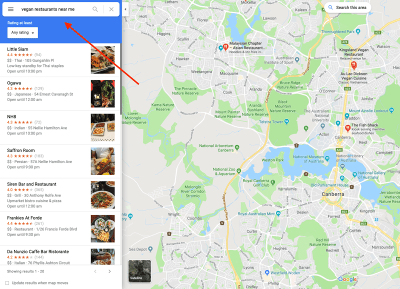 Example of searching vegan restaurants in Google Maps