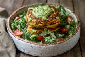 vegan chickpea pancakes with a creamy pesto