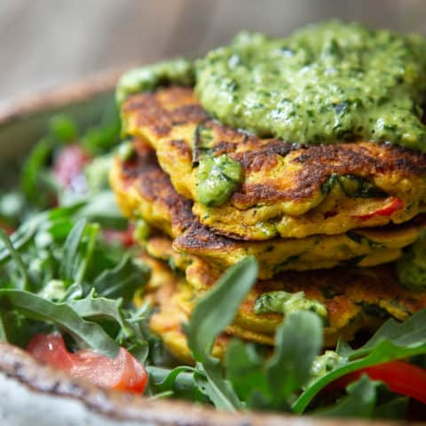 vegan chickpea pancakes with a creamy pesto