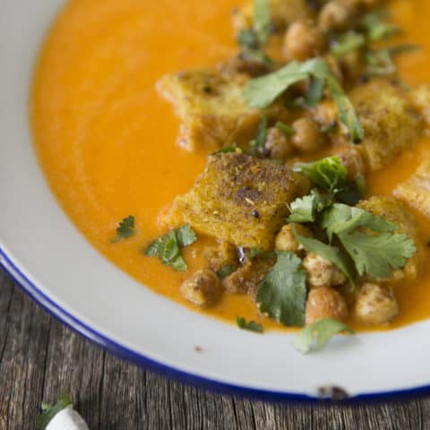 Pumpkin and Chickpea Soup with Curried Croutons