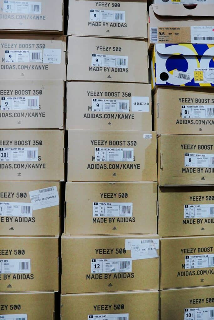 stack of yeezy sneaker boxes