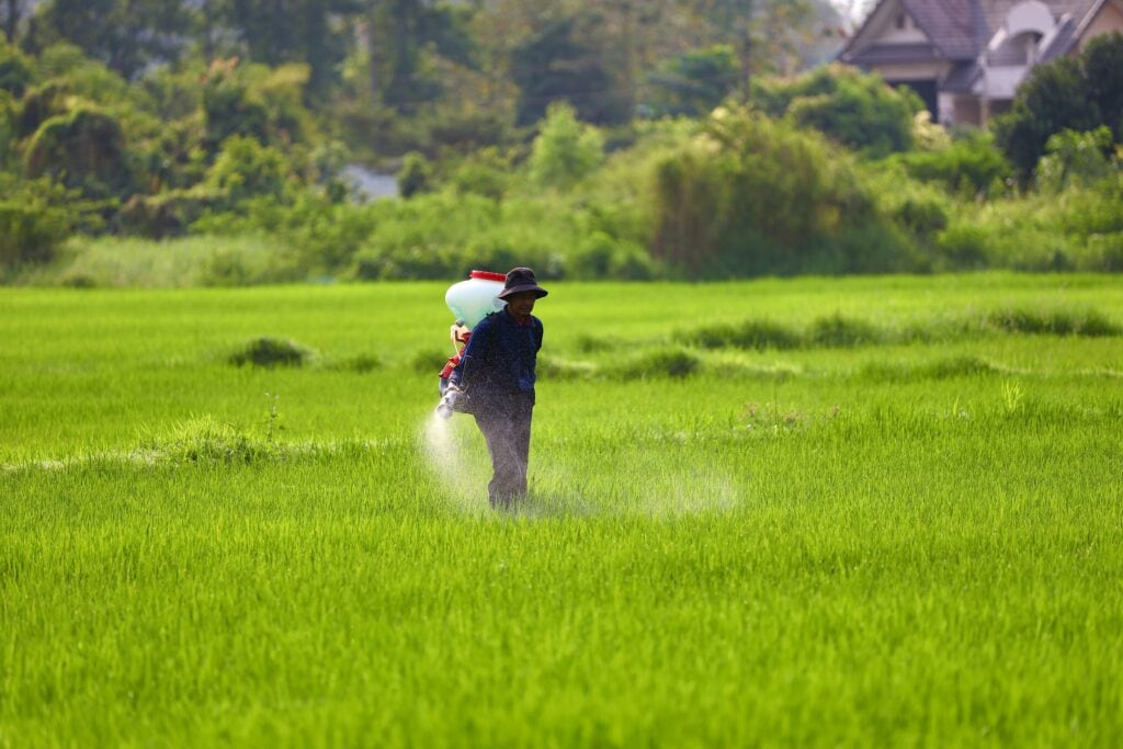 man spraying crops - do vegans kill bugs